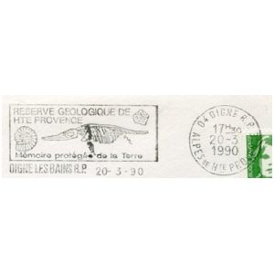 Fossil of Ammonite and Ichthyosaur on commemorative postmark of France 1990