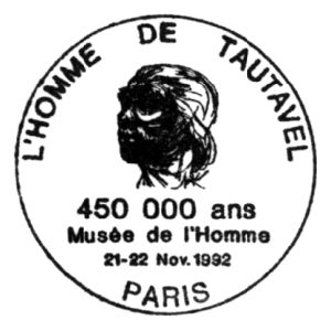 Prehistoric man of Tautavel on commemorative postmark of rance 1992
