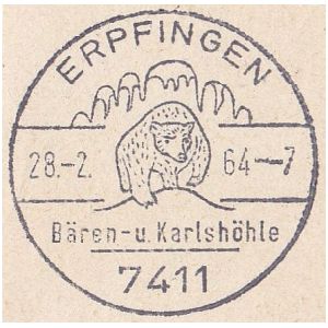 Cave Bear Ursus spelaeus on commemorative post mark of Germany 1959