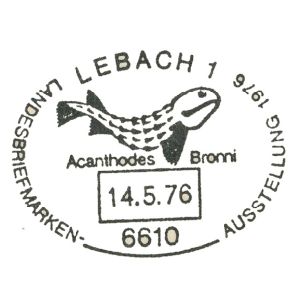 Prehistoric fish Acanthodes Brenni on postnark of Germany 1976