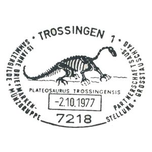Plateosaurus dinosaur on postmark of Germany 1977