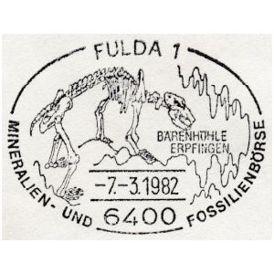 Fossil of cave bear on commemorative postmark of Germany 1982
