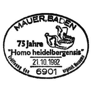 Jaw of Homo heidelbergensis on postmark of Mauer community of Germany