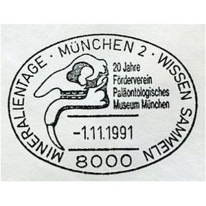 Dinotherium skull on postmark of Germany 1991