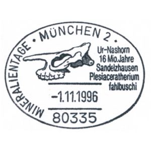 Skull of prehistoric rhino Plesiaceratherium fahlbuschi on commemorative postmark of Germany 1996