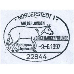 Prehistoric horse Eohippus on post mark of Germany 1997