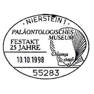 Prehistoric shell Chlamys stapfion from Paleontological museum in Nierstein on commemorative postmark of Germany 1998