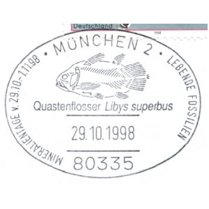 Prehistoric fish Coelacanth Libys superbus on commemorative postmark of Germany 1998