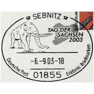 Prehistoric elephant on post mark of Germany 2003