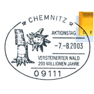 Petrified forest of Chemnitz on commemorative postmark of Germany 2003