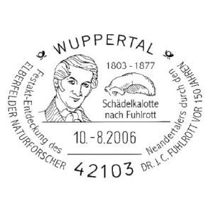 Neandertaler skull and Dr. J. C. Fuhlrott on postmark of Germany 2006