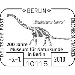 Skeleton of Brachiosaurus brancai on postmark of Germany 2010