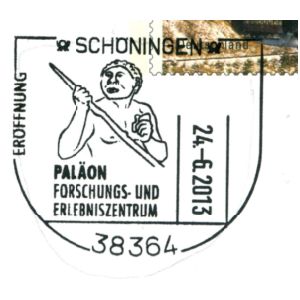 Homo heidelbergensis with wooden spears on commemorative postmark of Germany 2013