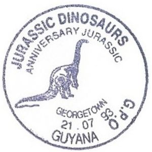 Dinosaur on commemorative postmark of Guyana 1993