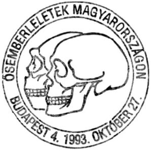 Neanderthal skulls on commemorative postmark of Hungary 1993