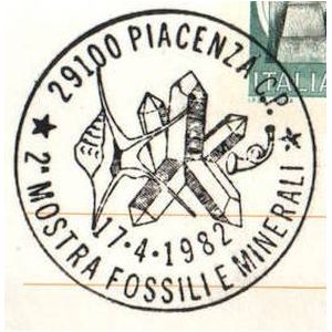 Fossils and minerals on postmark of Italy 1982