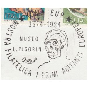 Skull of prehistoric human on postmark of Italy 1984
