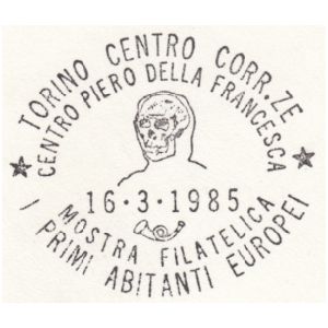 Skull of prehistoric human on postmark of Italy 1985