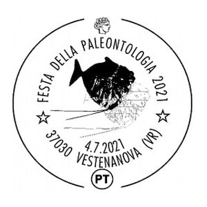 Fossil of prehistoric fish on postmark of Italy 2021