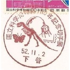 Skeleton of Dinosaur on postmark of National Science Museum of Japan 1977