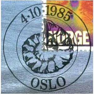 Ammonite on commemorative postmark of Norway 1985