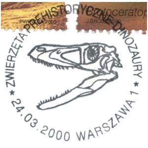 Dinosaur skull on commemorative postmark of Poland 2000