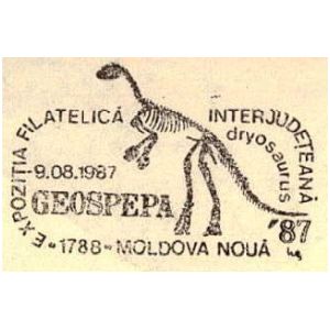 Skeleton of Dryosaurus dinosaur on commemorative postmarks of Romania 1987
