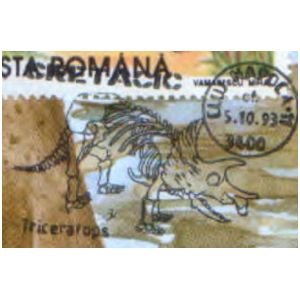 Triceratops dinosaur on commemorative postmarks of Romania 1993