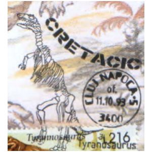 Tyrannosaurus dinosaur on commemorative postmarks of Romania 1993