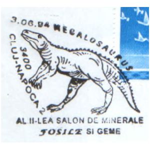 Megalosaurus dinosaur on commemorative postmarks of Romania 1994