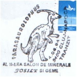 Parasaurolophus dinosaur on commemorative postmarks of Romania 1994