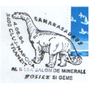 Camarasaurus dinosaur on commemorative postmarks of Romania 1994
