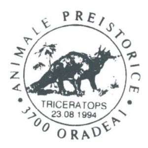 Triceratops dinosaur on commemorative postmarks of Romania 1994