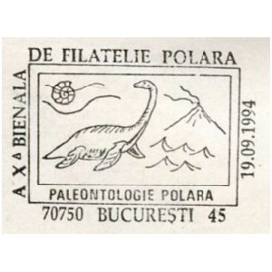 Plesiosaurus and ammonite on commemorative postmarks of Romania 1994