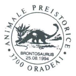 Brontosaurus dinosaur on commemorative postmarks of Romania 1994