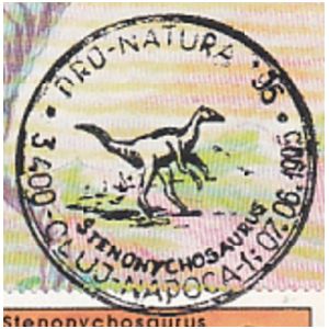 Stenonychosaurus dinosaur on commemorative postmarks of Romania 1995