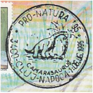 Camarasaurus dinosaur on commemorative postmarks of Romania 1995