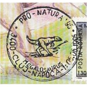 Megalosaurus dinosaur on commemorative postmarks of Romania 1995