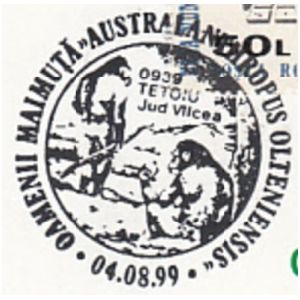 Australanthropus Olteniesis on commemorative postmarks of Romania 1999