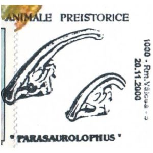 Parasaurolophus dinosaurs on commemorative postmarks of Romania 2000