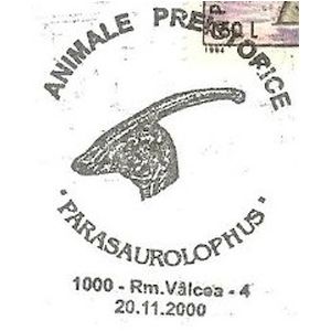 Parasaurolophus dinosaurs on commemorative postmarks of Romania 2000
