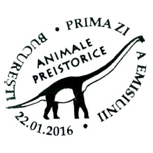Magyarosaurus dacus dinosaur on commemorative postmarks of Romania 2016