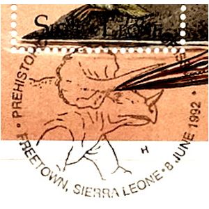 Triceratops dinosaur on postmark of Sierra Leone 1992