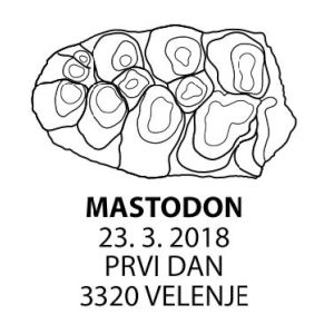 Fossil and reconstruction of Mastodon on commemorative postmark of Slovenia 2018