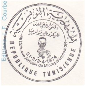 Micropaleontologist at work on postmark of Tunisia 1974