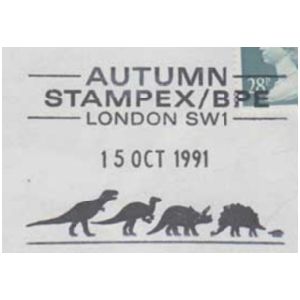 Dinosaurs on Stampex postmark of UK 1991