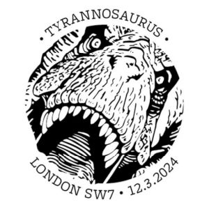 Tyrannosaurus muzzle on commemorative postmark of Great Britain 2024