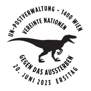 Therapod dinosaur on the Don’t Choose Extinction postmark of UN, Austria 2023
