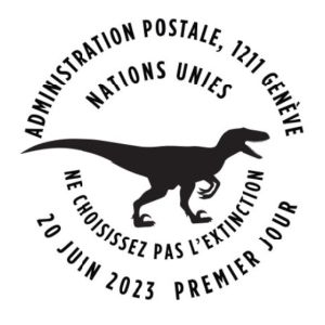 Therapod dinosaur on the Don’t Choose Extinction postmark of UN, Switzerland 2023