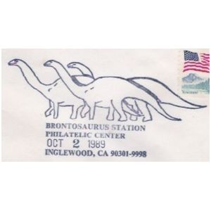 Brontosaurus dinosaurs on postmark of USA 1989